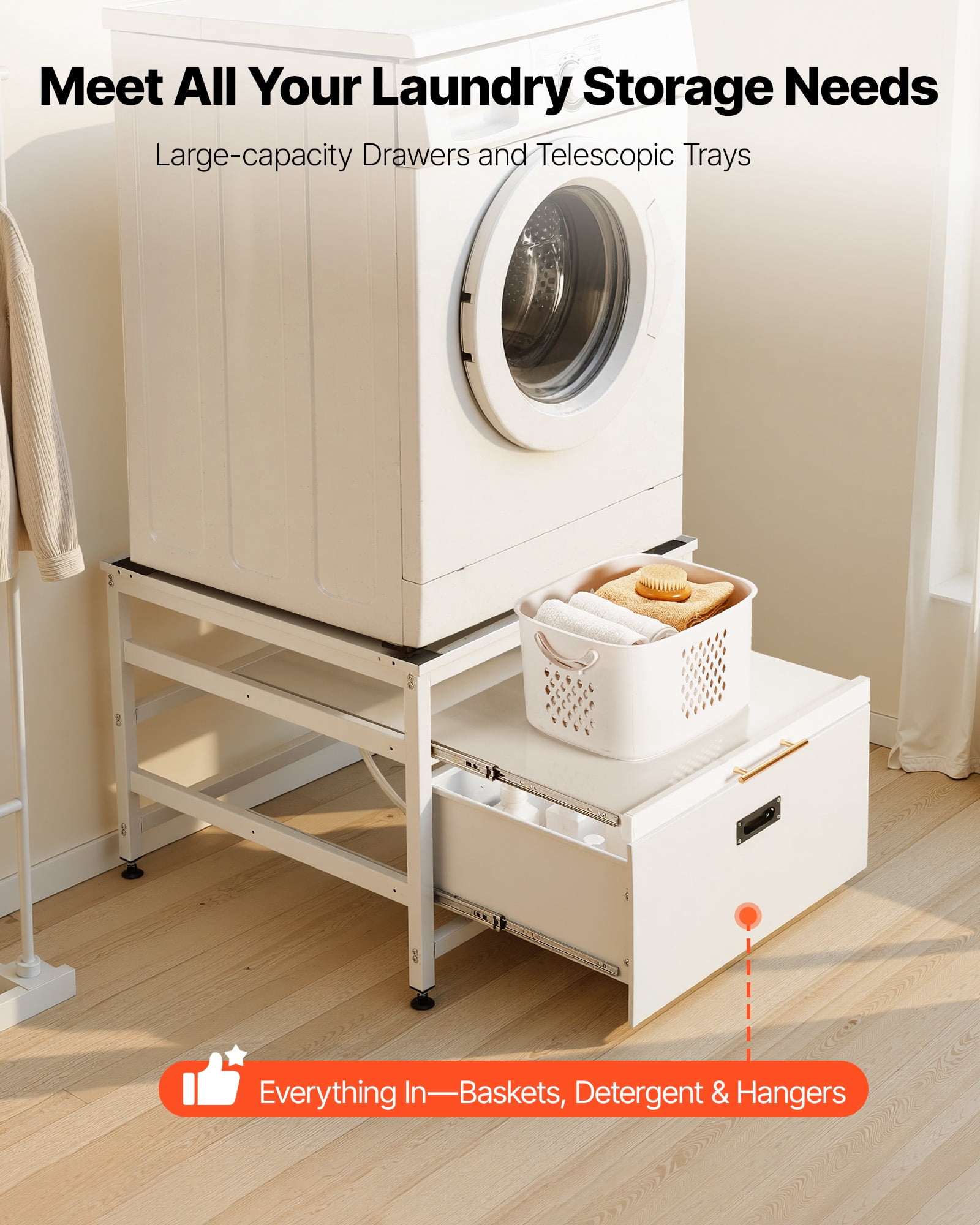 VEVOR Laundry Pedestal, 23 in Height, 29 x 29 in Washer and Dryer Pedestals with Pull-out Tray and Storage Space, 700 lbs Load Capacity, Non-Slip Feet Washing Machine Stand Universal Fit, White