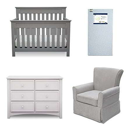 Delta Children Chalet 4 Piece Mix Match Nursery Furniture Set Convertible Crib Dresser Glider Crib Mattress Grey And Bianca White