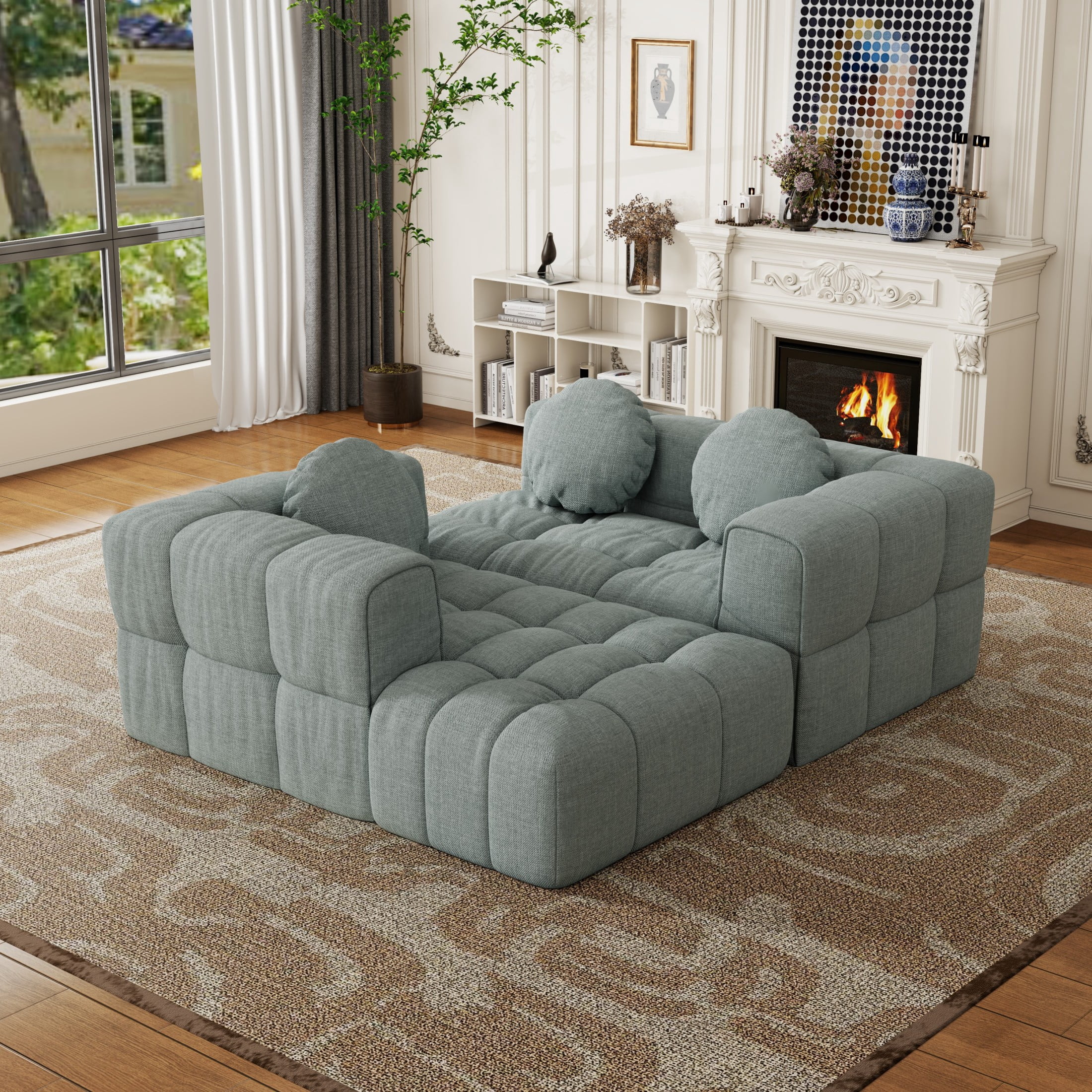 103"Compressed Sofa, Modular Sectional Sofa with Pillows and Right Side Recliner, L Shape Sofa for Living Room, Free Combination, Couch in a Box, No Assembly, Blue Gray