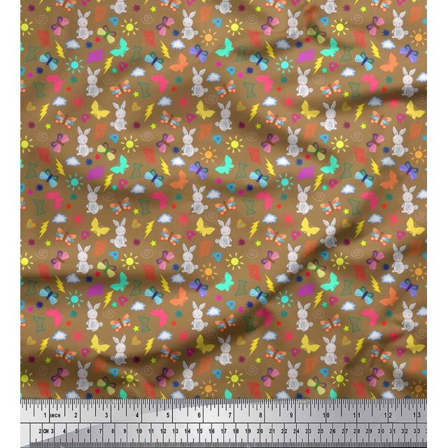 Soimoi Tissu Viscose Georgette Marron Soleil, Insecte & Lapin Imprimé Dessin Animé 1 Yard 42 Pouces de Large