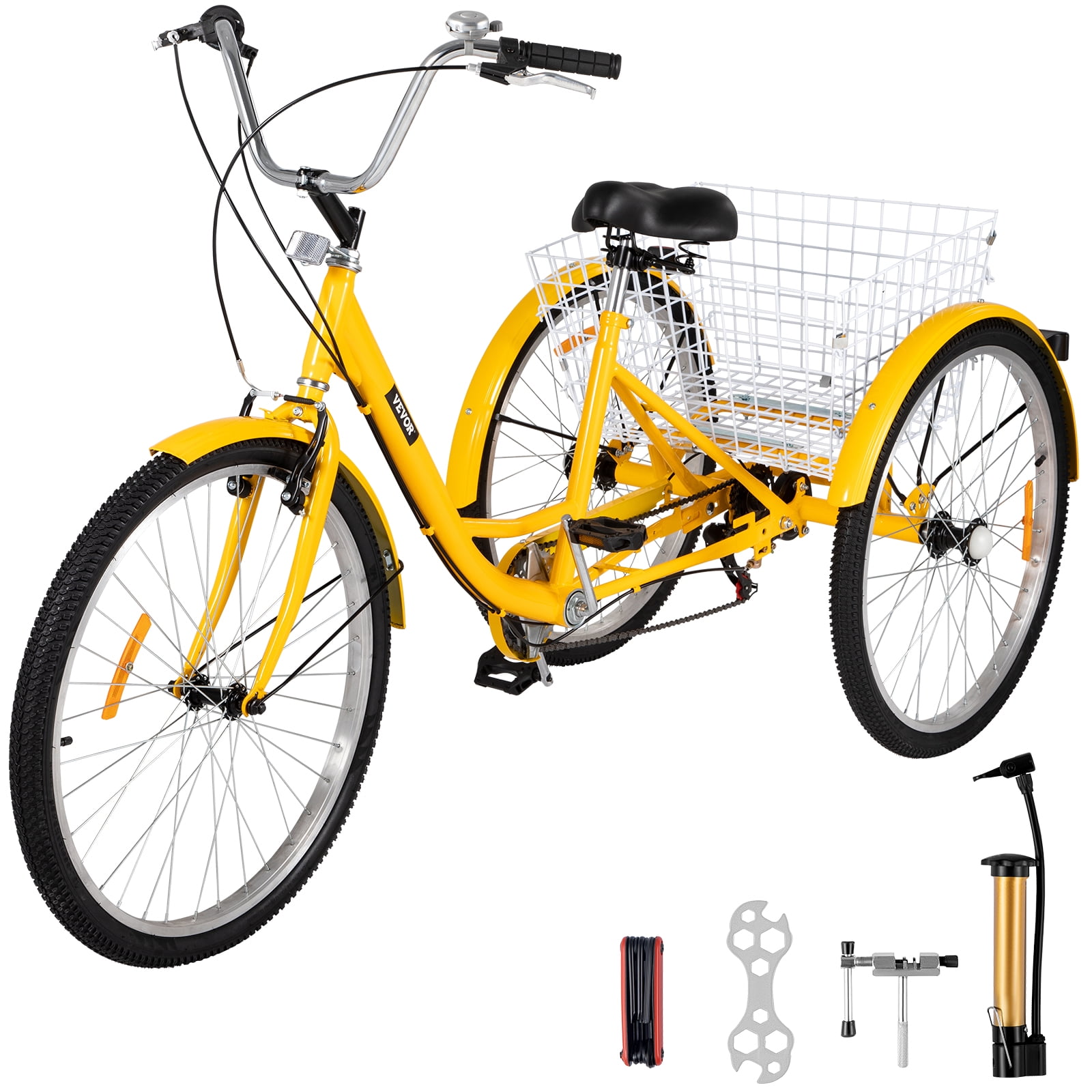 Vevor Adult Tricycle 20 Inch Three Wheel Bikes 7 Speed Yellow Tricycle With Bell Brake System Bicycles With Cargo Basket For Shopping. Yellow 7 Spe