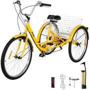 VEVOR Adult Tricycle 20 inch, Three Wheel Bikes 7 Speed, Yellow Tricycle with Bell Brake System, Bicycles with Cargo Basket for Shopping.(Yellow/7 Speed)