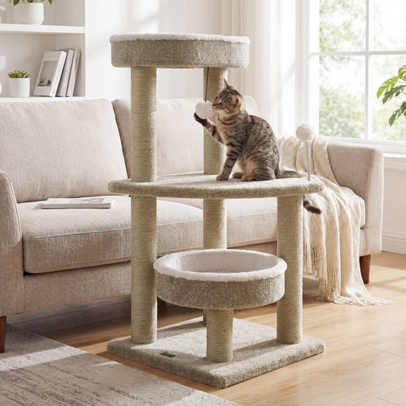 36 Inch Carpeted Cat Tree Multi-Level Cat Tower with 2 Plush Perches, Jute Scratching Posts and Spring Toy