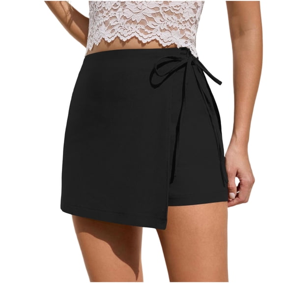 SAWOBUUN Women High Waist Wrap Skort Side Tie Rope Mini Skirt with Built-in Shorts Bodycon Summer Casual Skorts