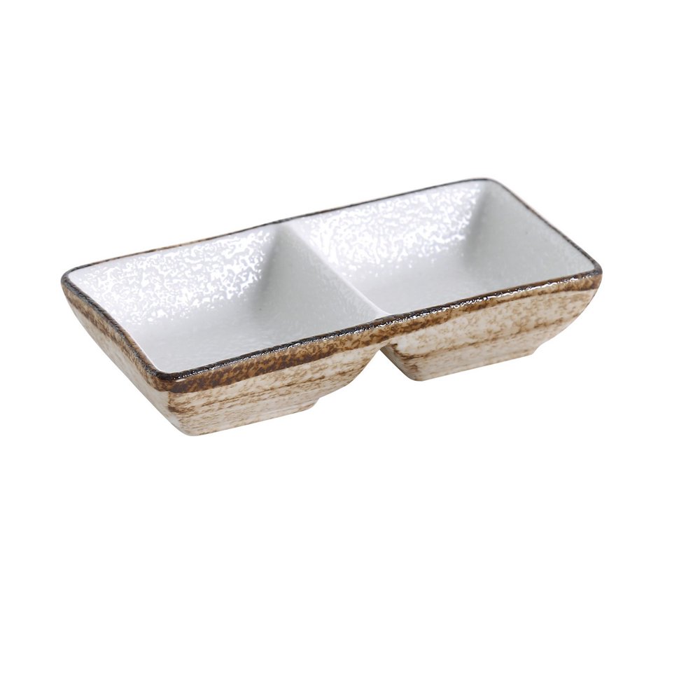 Rockeye, Rectangular Double Divided Sauce Dish, 2 Oz. x 2, 5 1/2"W X 3"L, Porcelain, Multicolor