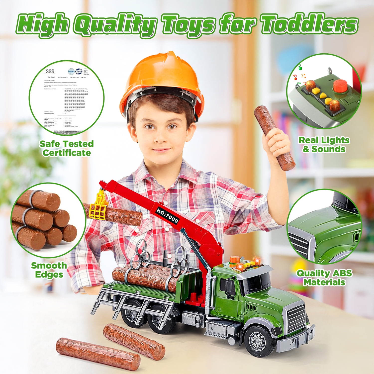 Huge Wave 15" Large Truck Toy for Boys, Kids Tow Truck Toys, with Loading Crane and 6 Timber, Lights and Sounds Christmas Birthday Gifts for 3-9 Year Toddler