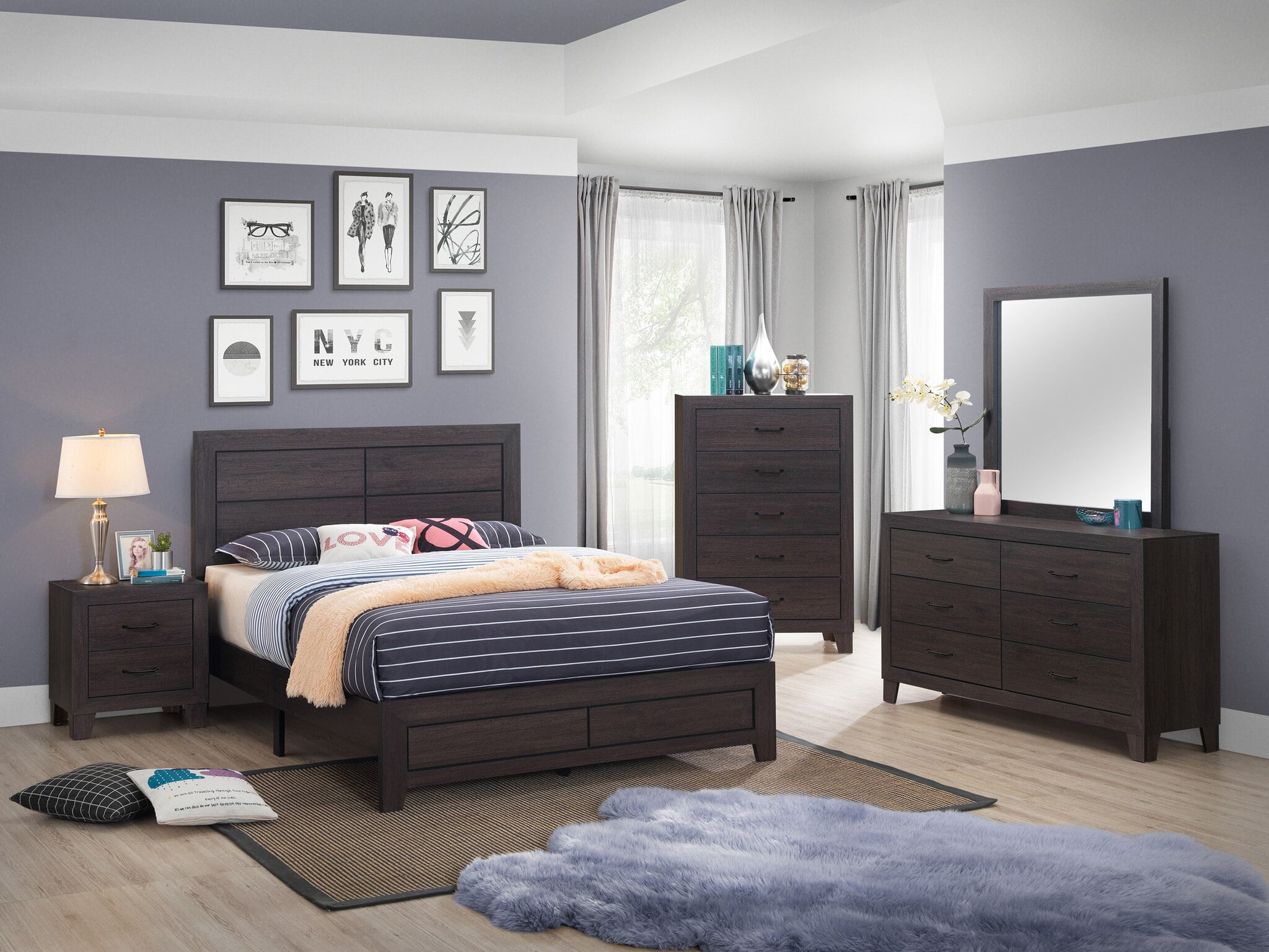 Transitional 4pc Queen Size Platform Bedroom Set Brown Finish Bed