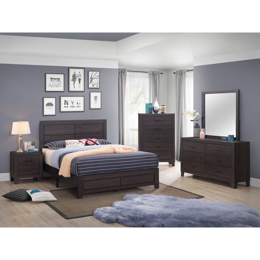 Transitional 4pc Queen Size Platform Bedroom Set Brown Finish Bed Dresser Mirror Nightstand