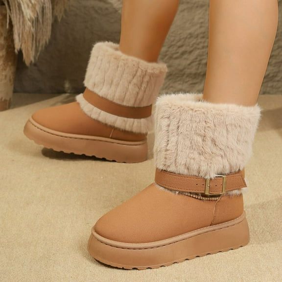 Cadancy Winter Boots for Women Suede Round Toe Thick Sole Fluffy Furry Mid Calf Snow Booties with Belt Buckle Trendy Cold Weather Plush Warm Boot Outdoor Walking Nonslip Shoes