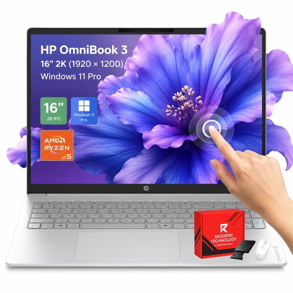 HP OmniBook 3 16" Touchscreen Laptop PC, 2K IPS Touch Display, AMD Ryzen 5, 8GB LPDDR5 RAM, 256GB SSD, AMD Radeon 610M, Wi-Fi 6, Windows 11 Pro