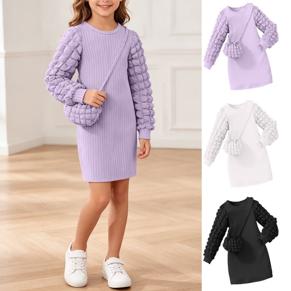 Acaics Girls' Long-Sleeve Ribbed Knit Dress Matching Children's Crossbody Bag in the Same Color; Round-Neck, Straight-Cut, Mid-Length Princess Dress