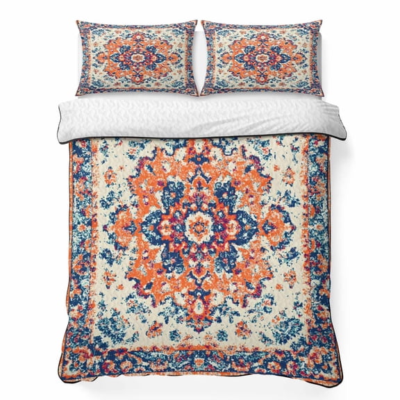 King Quilt Set 96''x106'', Boho Orange Blue Lightweight Summer Bedspread Coverlet Set with 2 Pillow Shams, Boho Vintage Geometric Art Ethnic Breathable All Season Quilt Bedding for Bedroom/Guest Room