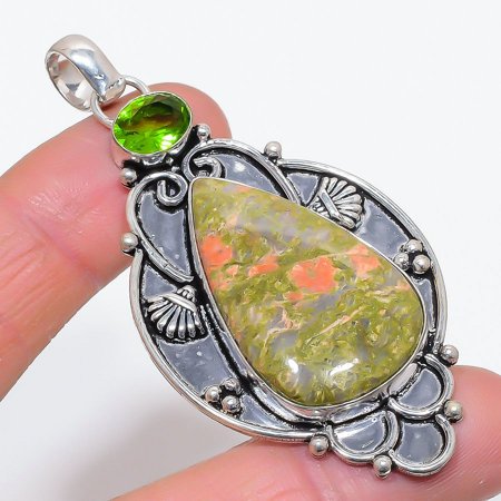 Natural Unakite, Peridot Gemstone 925 Sterling Silver Jewelry Pendant 2.96"