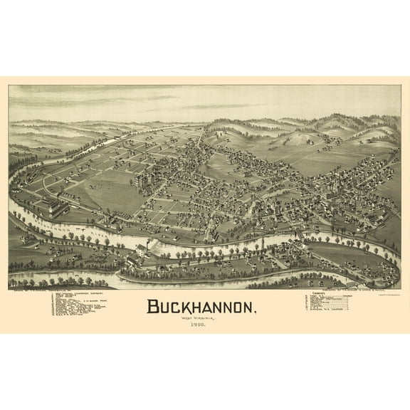 Historic Panoramic View - Buckhannon West Virginia - Fowler 1900 - 23 x 36.53 - Vintage Wall Art