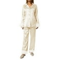 thumbnail image 5 of Liacowi Women's Sleepwear Feather Decoration Long Sleeve Button-Down Lapel Collar Tops + Pants Pajamas Set, 5 of 10
