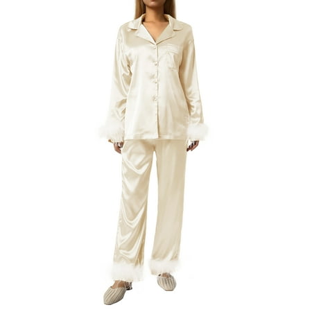 

Women s Feather Pajamas Set Silk Satin Sleepwear Long Sleeve Button Down Shirt Long Pants Nightwear