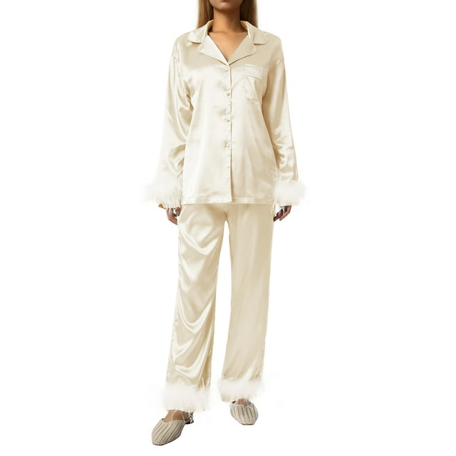 xiaxaixu Pyjama pour Femmes, Décoration Plumes Manches Longues Col à Revers + Pantalon