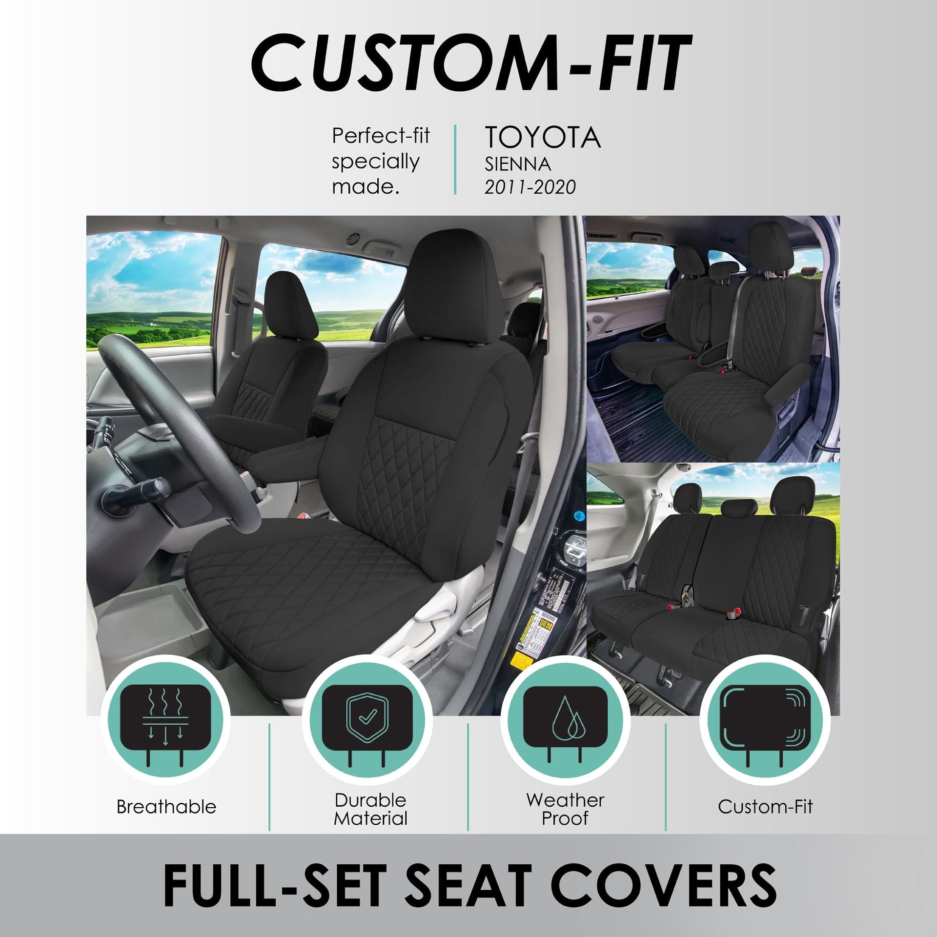 For Toyota Sienna 2011-2020 FH Group Neoprene Waterproof Custom Fit Car Seat Covers - Black Full Set 7 Seater