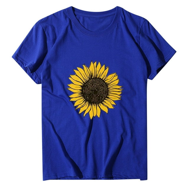 Gibobby Playera Corte clásico para Mujer Blusa corta Tops Estampado girasol Cuello Mujer Tallas grandes Camiseta manga larga Blusa redonda para mujer(Azul,CH)
