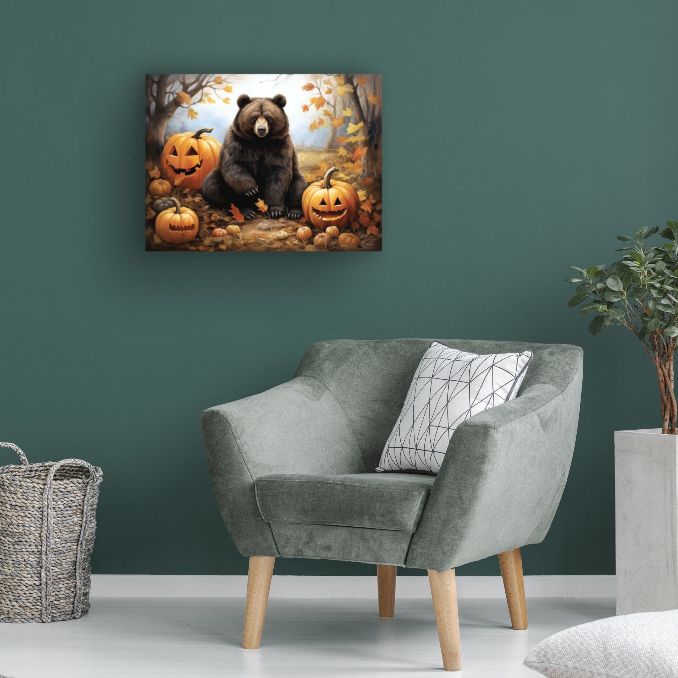 Canvas Wall Art - Momart 'Halloween Bear and Pumpkins' Wall Art for Living Room, Bedroom, or Office Décor by Trademark Fine Art - 19 x 14 Inches