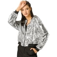 thumbnail image 1 of Chaqueta de Bombardero Allegra K de lentejuelas con Cremallera Y Manga Larga Recortada con Purpurina para Mujer Plata L, 1 of 6