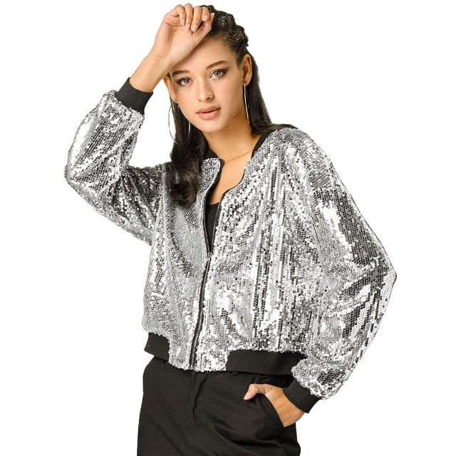Chaqueta de Bombardero Allegra K de lentejuelas con Cremallera Y Manga Larga Recortada con Purpurina para Mujer Plata L