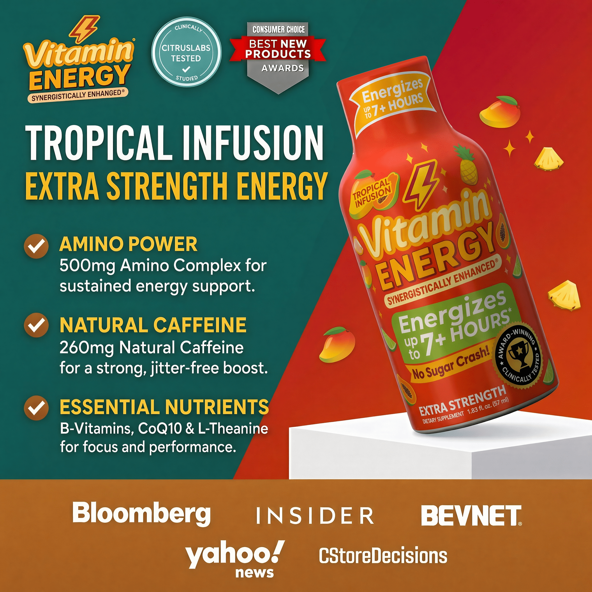 Vitamin Energy Focus+ Extra Strength Shot, Tropical Infusion, 24 Pack – 260mg Natural Caffeine, CoQ10 & B-Vitamins, Zero Sugar, 1.93 fl oz