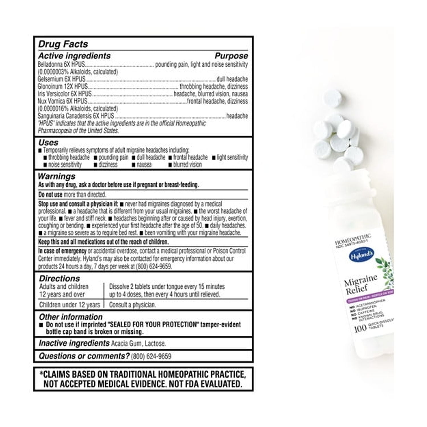 Hyland's Naturals Migraine Relief, Natural Pain Relief, 100 Tablets