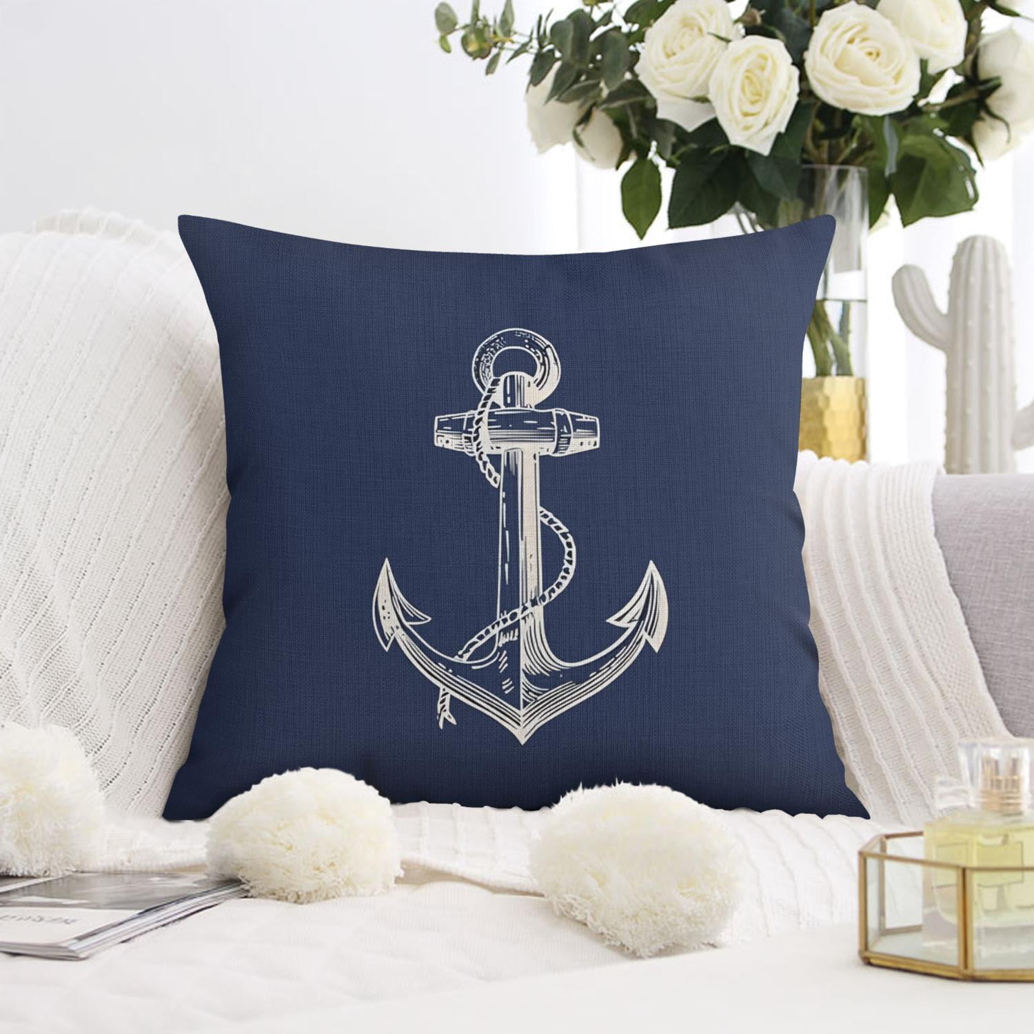 Set of 2 Navy Blue Nautical Throw Pillow Covers 16x16, Coastal Ocean Anchors Throw Pillow Cases, Decorative Linen Cushion Cases for Couch Sofa Living Room Home