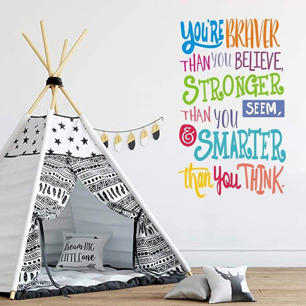 Calcomanía de pared con letras inspiradoras coloridas: eres más valiente de lo que crees, más fuerte de lo que pareces, más inteligente de lo que crees, cita positiva St
