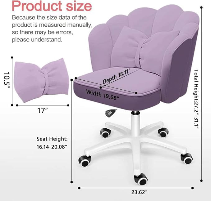 Petal Desk Chair with Bow Cushion Velvet Vanity Chair with Wheels, Upholstered Home Office Chair for Girls Women, Mid-Back Swivel Computer Task Chairs for Living Room Bedroom