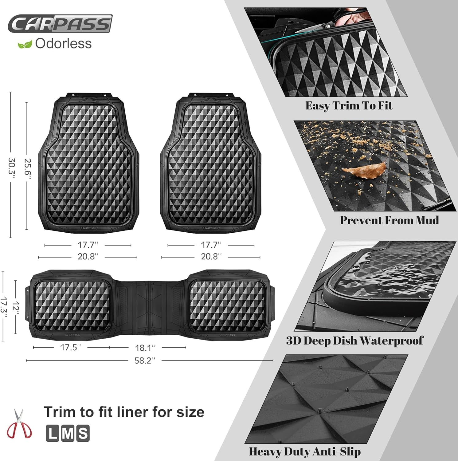 CAR GRAND Heavy Duty Rubber Car Mats, Deep Dish All-Weather Floor Mat for Car Full Set Durable Anti-Slip 3D Rhombus Waterproof Trim  Liner Universal Fit Automotive,Sedan,SUV,Truck, 3 Piece Black