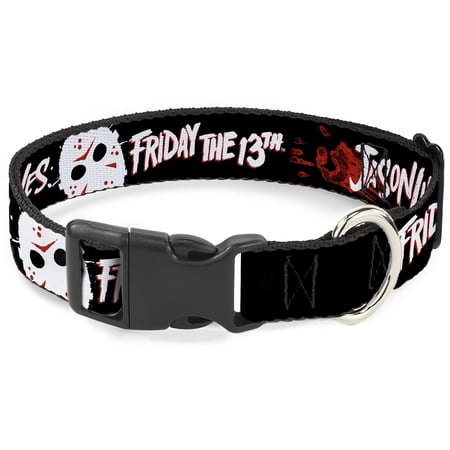 Warner Bros. Horror Movies Pet Collar, Dog Collar Plastic Buckle, Friday the 13th Jason Lives Hand Print and Mask Black Red, 7 to 8.5 Inches 0.5 Inch Wide