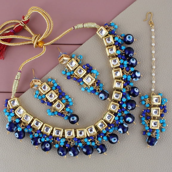 Lucky Jewellery Back Meenakari Stone Bollywood Style Handcrafted Indian Jewelry 18k Gold Plated Blue Color Tika Earring Combo Uncut Big Faux Kundan Choker Necklace Set