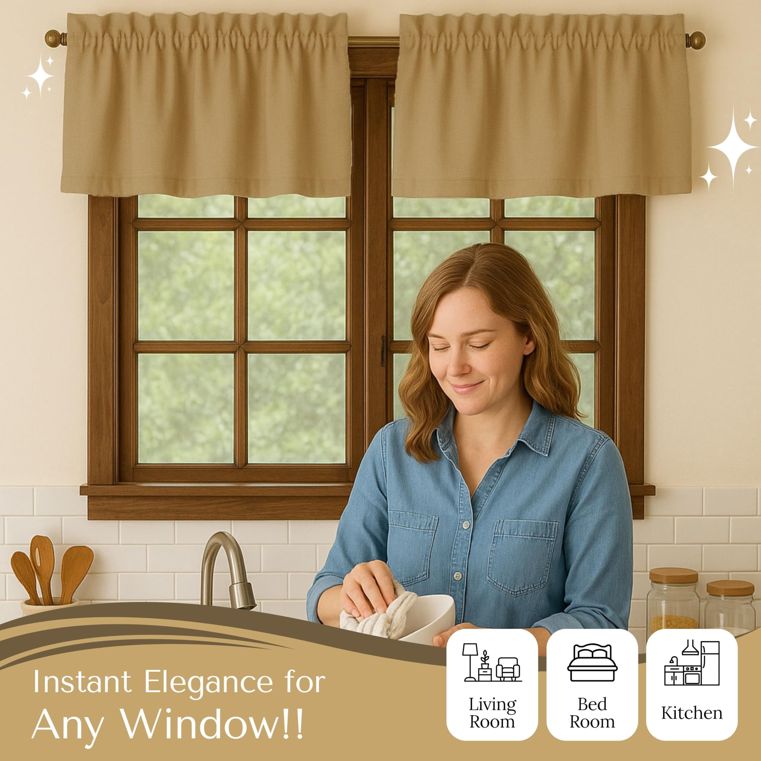 Native Fab Set of 2 Valance Curtains for Windows 54"x18" for Living Room Bedroom Kitchen Windows Bathroom, Farmhouse Vintage Curtain Valances Rod Pocket - Beige Natural