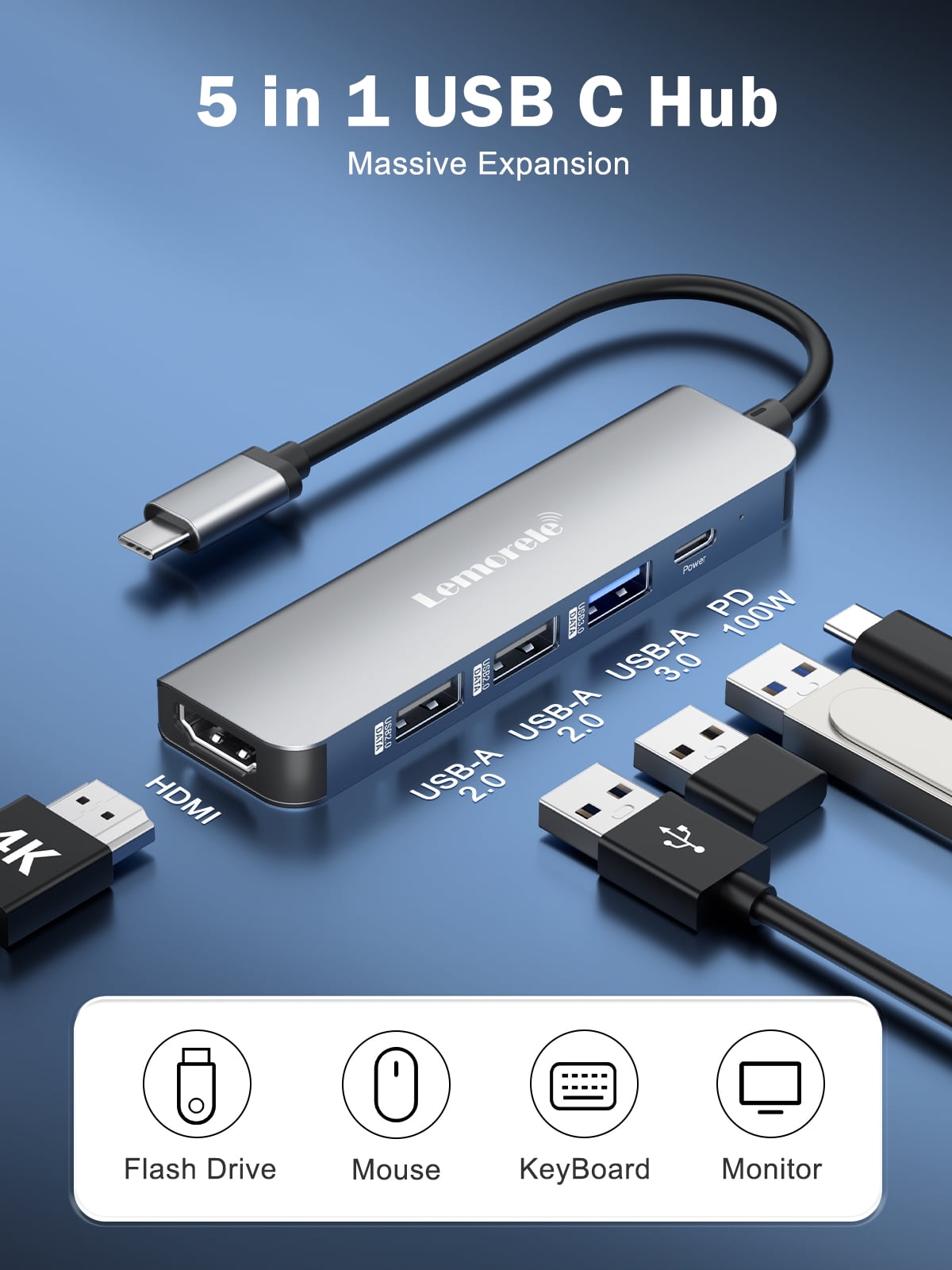 Lemorele USB C Docking Station, 5-in-1 Dongle Adapter with 4k HDMI, 3 USB A, PD100w USB C Adapter for Macbook Air/Pro M1, iPad M1, Windows, Switch, Lenovo, Android