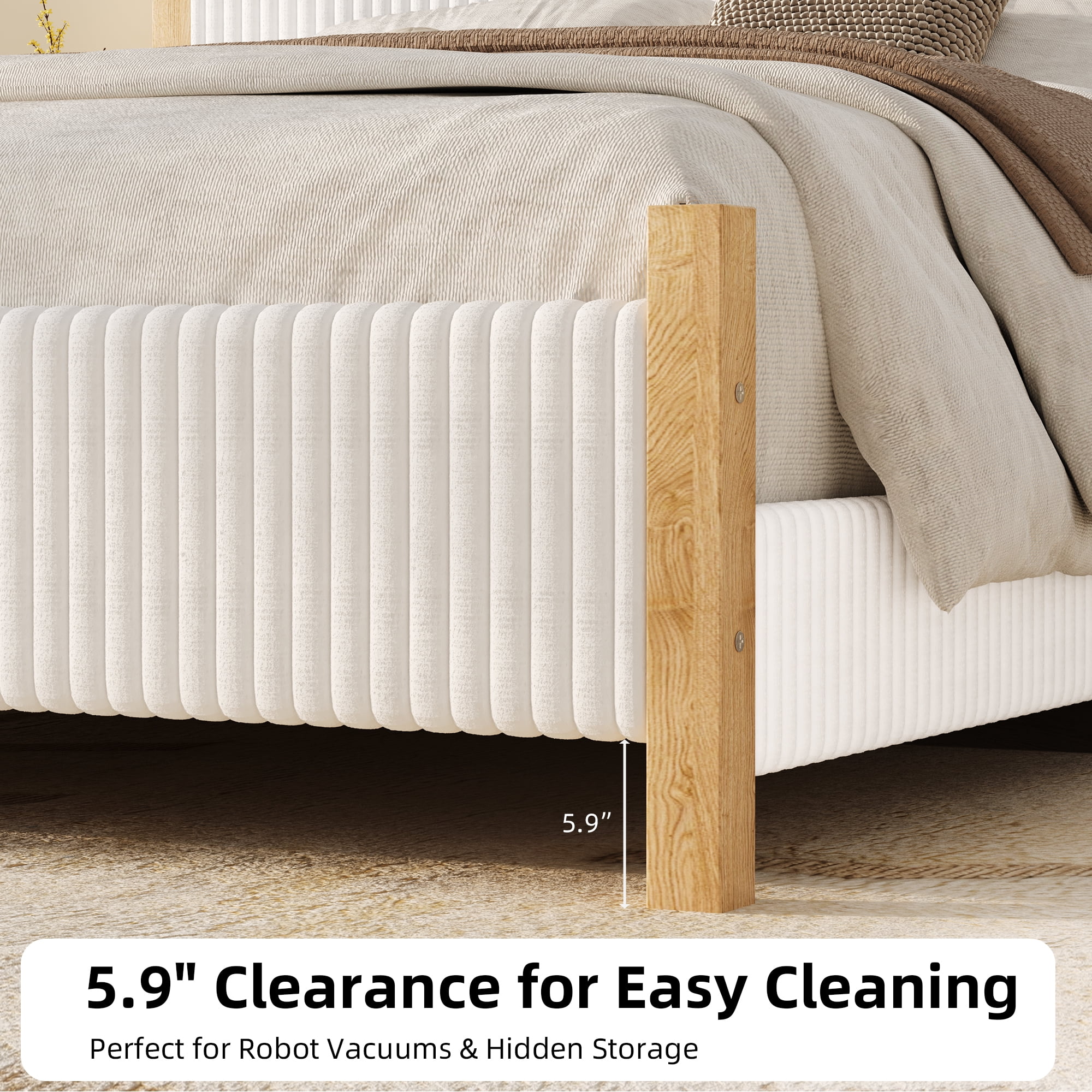 Queen Size Corduroy Upholstered Bed Frame with Vertical Channel Headboard, Noise-Free Platform Bed No Box Spring Needed, Sturdy Structure & Easy Assembly, White