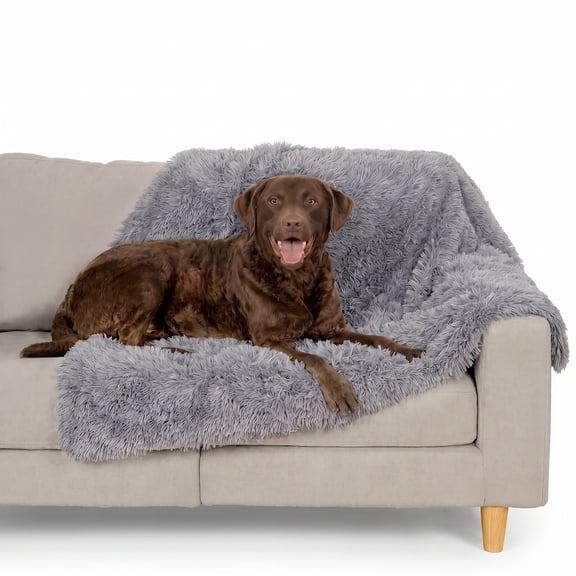 FurHaven Waterproof Throw Blanket for Dogs & Indoor Cats, Washable - Shaggy Plush Calming Long Faux Fur & Velvet Dog Blanket - Gray, Large