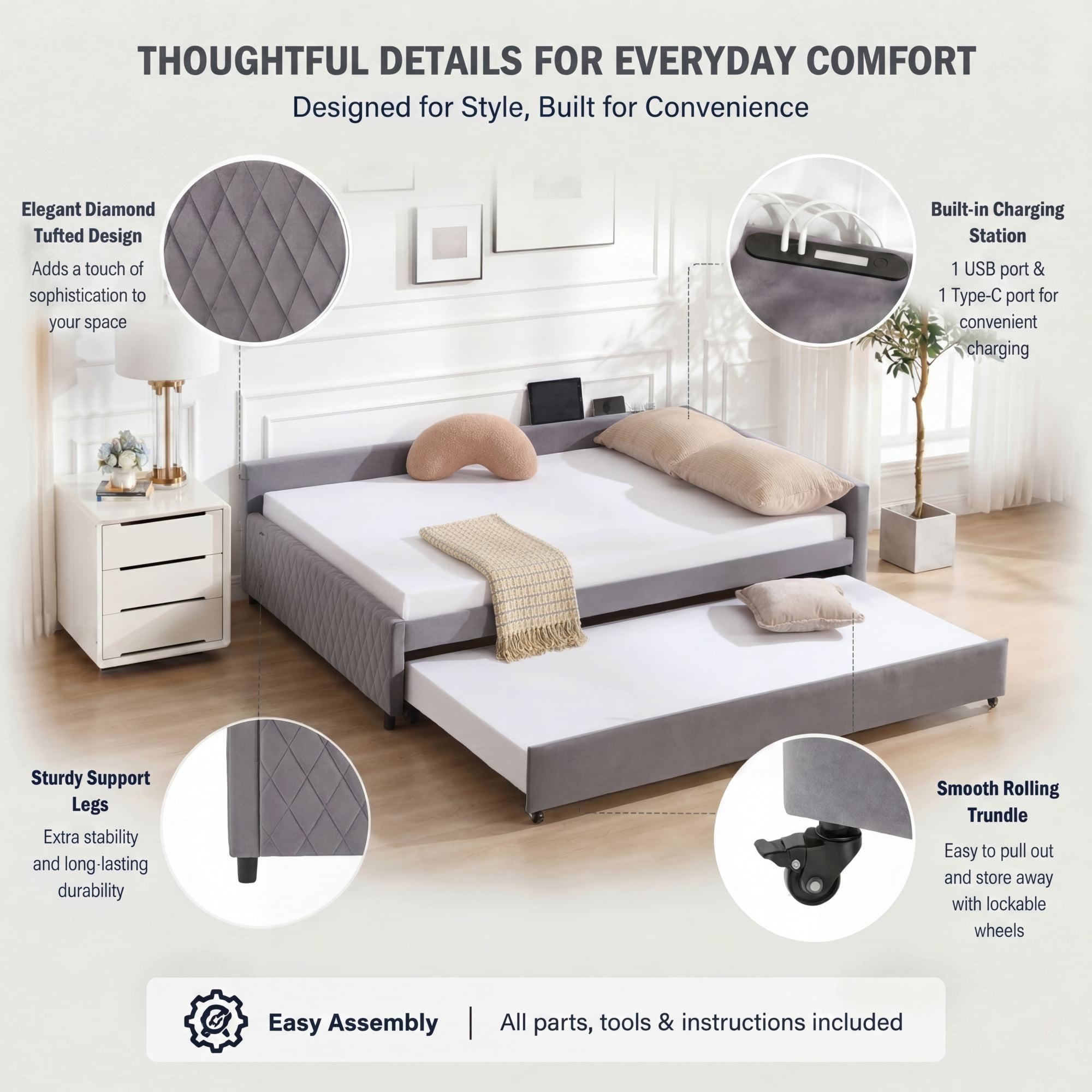 Leumius Upholstered Daybed with Trundle,Sturdy Wooden Bed Frame, Modern Diamond Grid Design for Bedroom Guest Room (Grey)