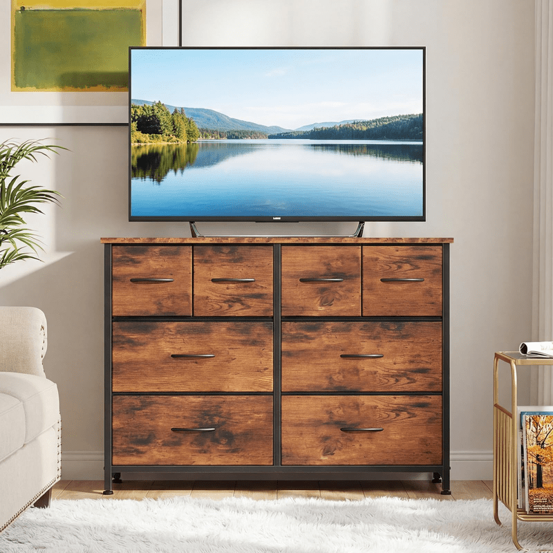 Kelno 8 Drawers Fabric Cabinet Metal Frame Wide Wood Top Storage Tower TV Stand Clothes Organizer for Bedroom Living Room,Rust Brown