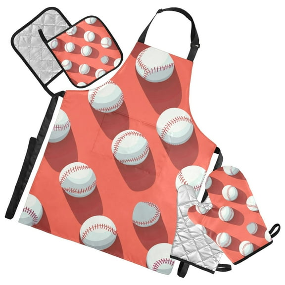 Baseball Pattern Oven Mitts and Pot Holders with Chef Apron Set 5 Pcs Kitchen Cooking Set