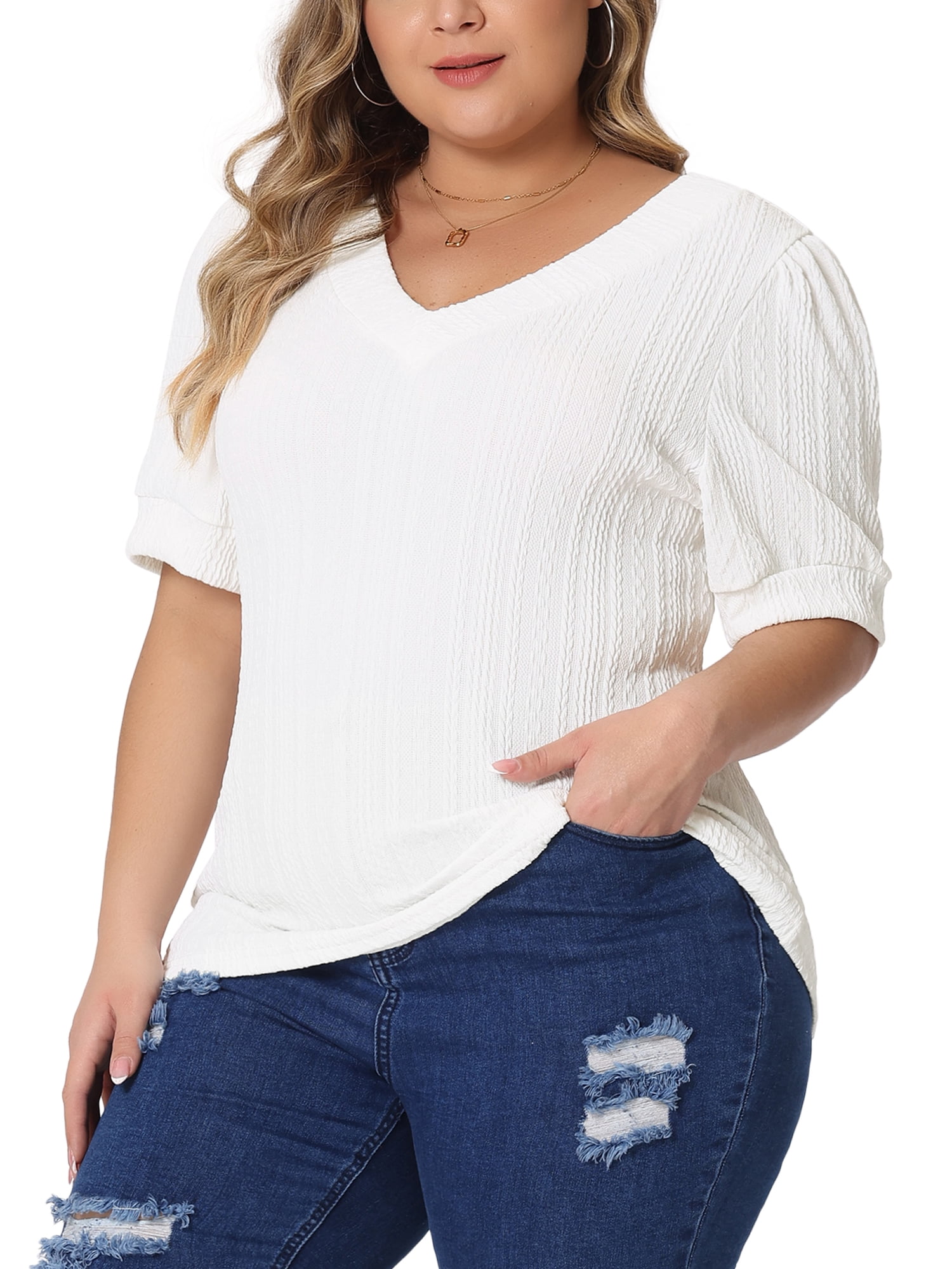 DARING DIVA Women's Plus Tops V Neck Pullover Knitted Casual Blouses 1X White