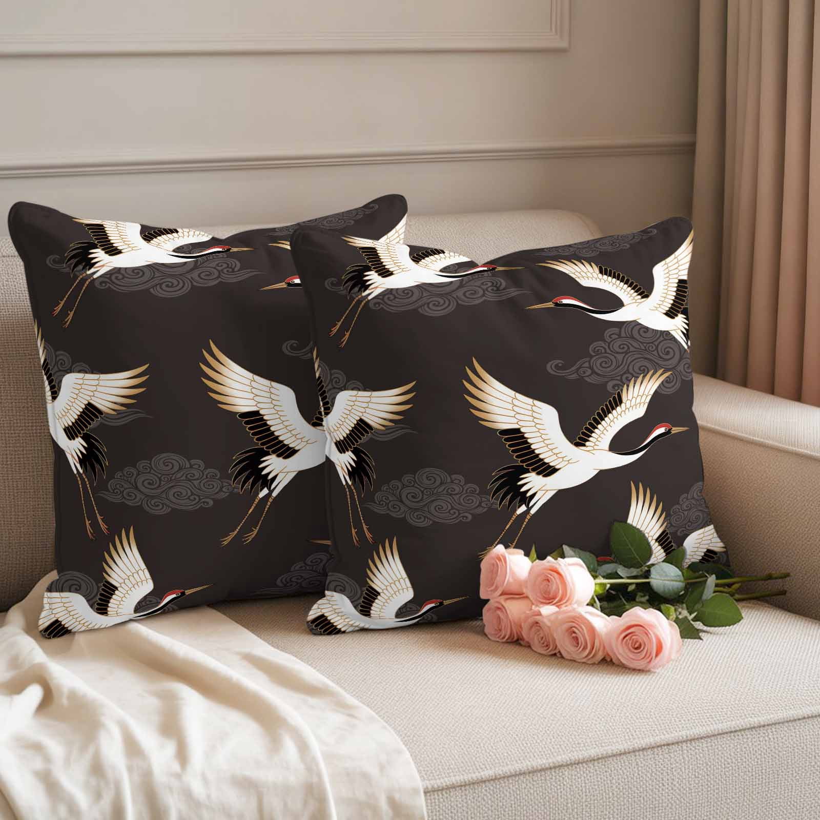 White Crane Outdoor Waterproof Throw Pillow Covers 16x16 Set of 2, Vintage Chinese Auspicious Cloud Art Brown Decorative Pillowcases Cushion Pillowcase for Couch Sofa Patio Outside Pillow Protector