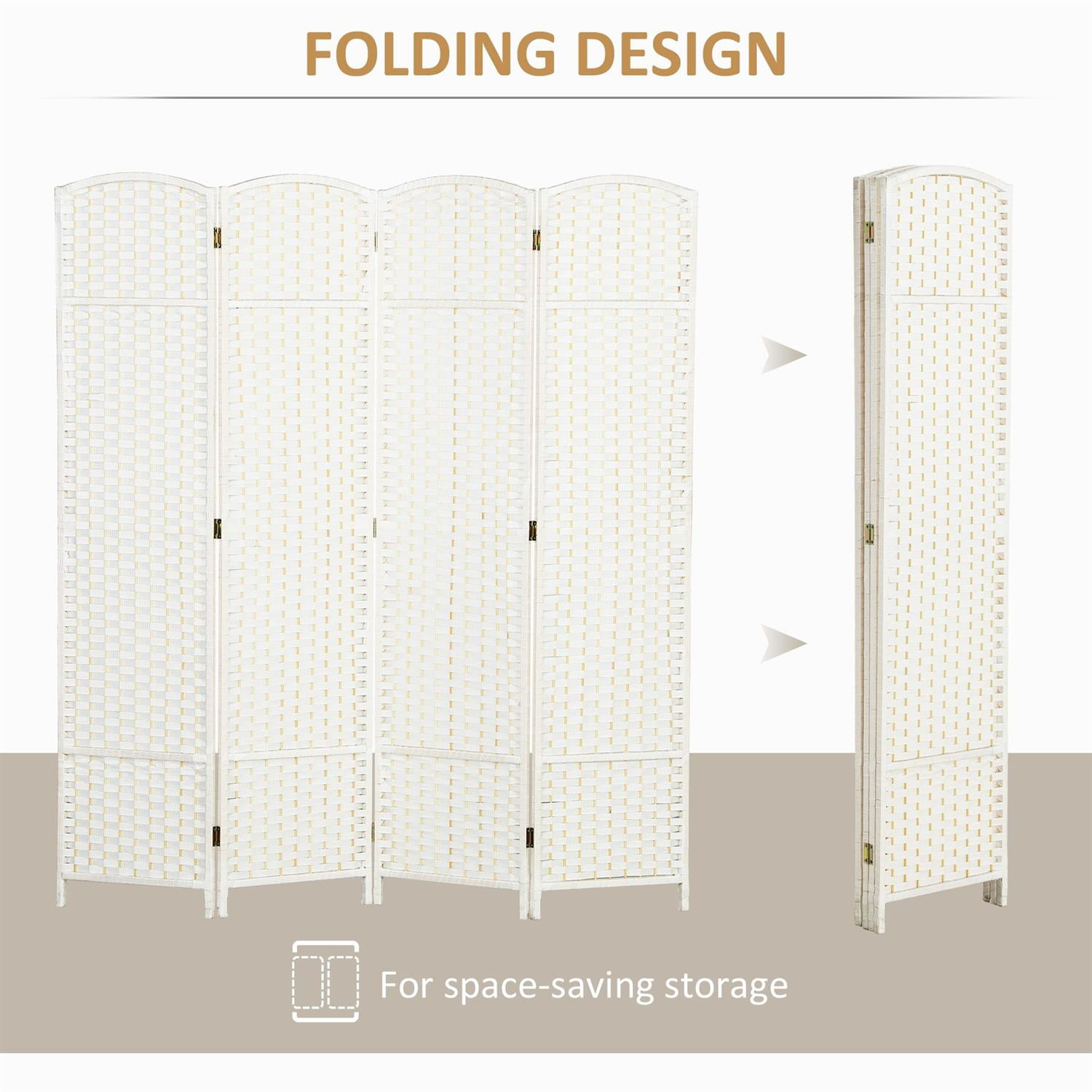 Demi Bonn 4 Panel Folding Room Divider Screen, 5.6' Tall Privacy Screen, Home Office Partition, Space Saving Design, Easy to Assemble, White