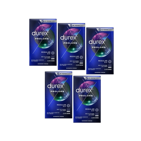 5 Pack Durex Prolong Ultra Fine Ribbed and Dotted Latex Condoms, 12 Each