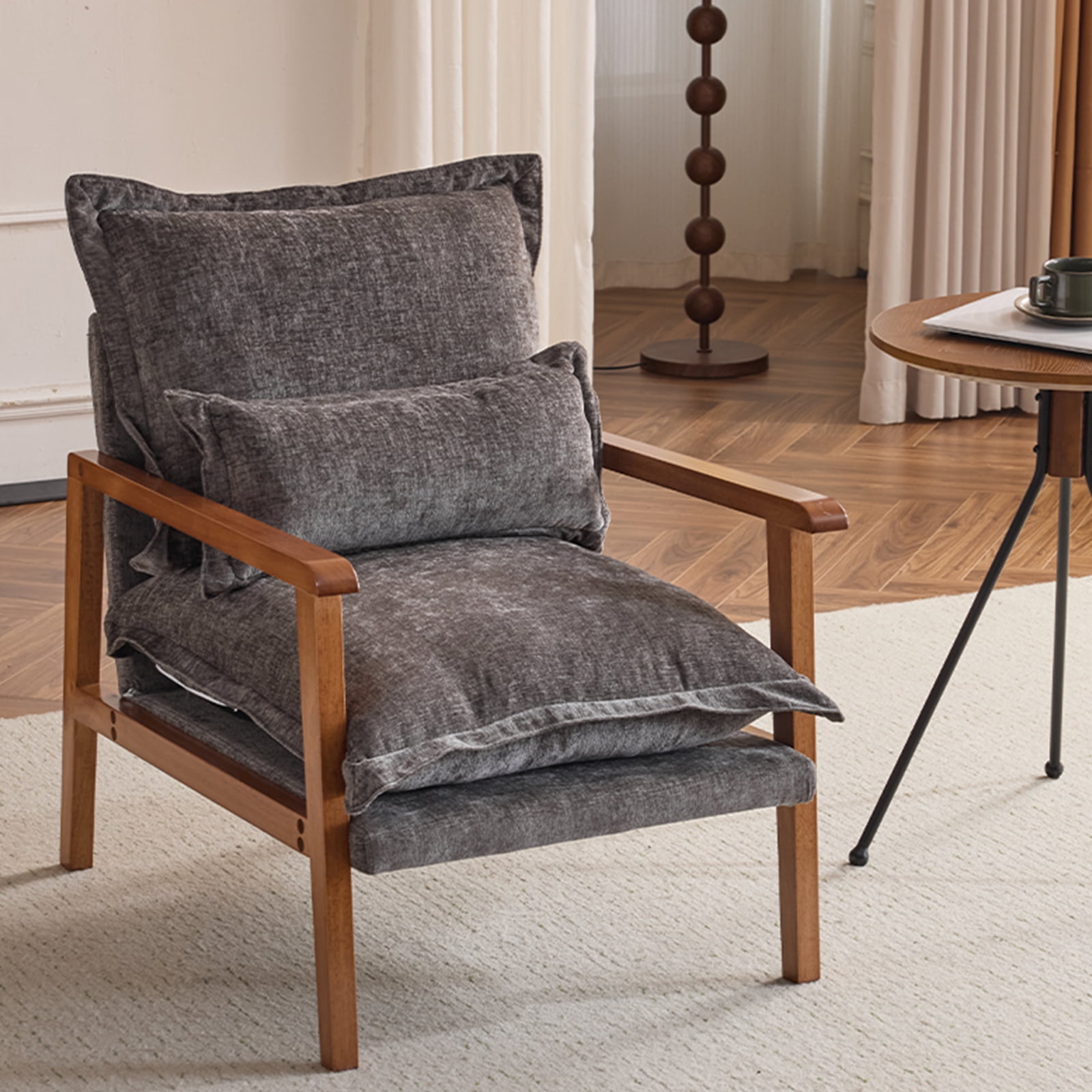 Cloud Shaped Dark Grey Chenille Accent Chair, Solid Wood Frame with Walnut Armrest, Ergonomic Single Leisure Sofa Chair with Lumbar Pillow for Bedroom Living Room Office