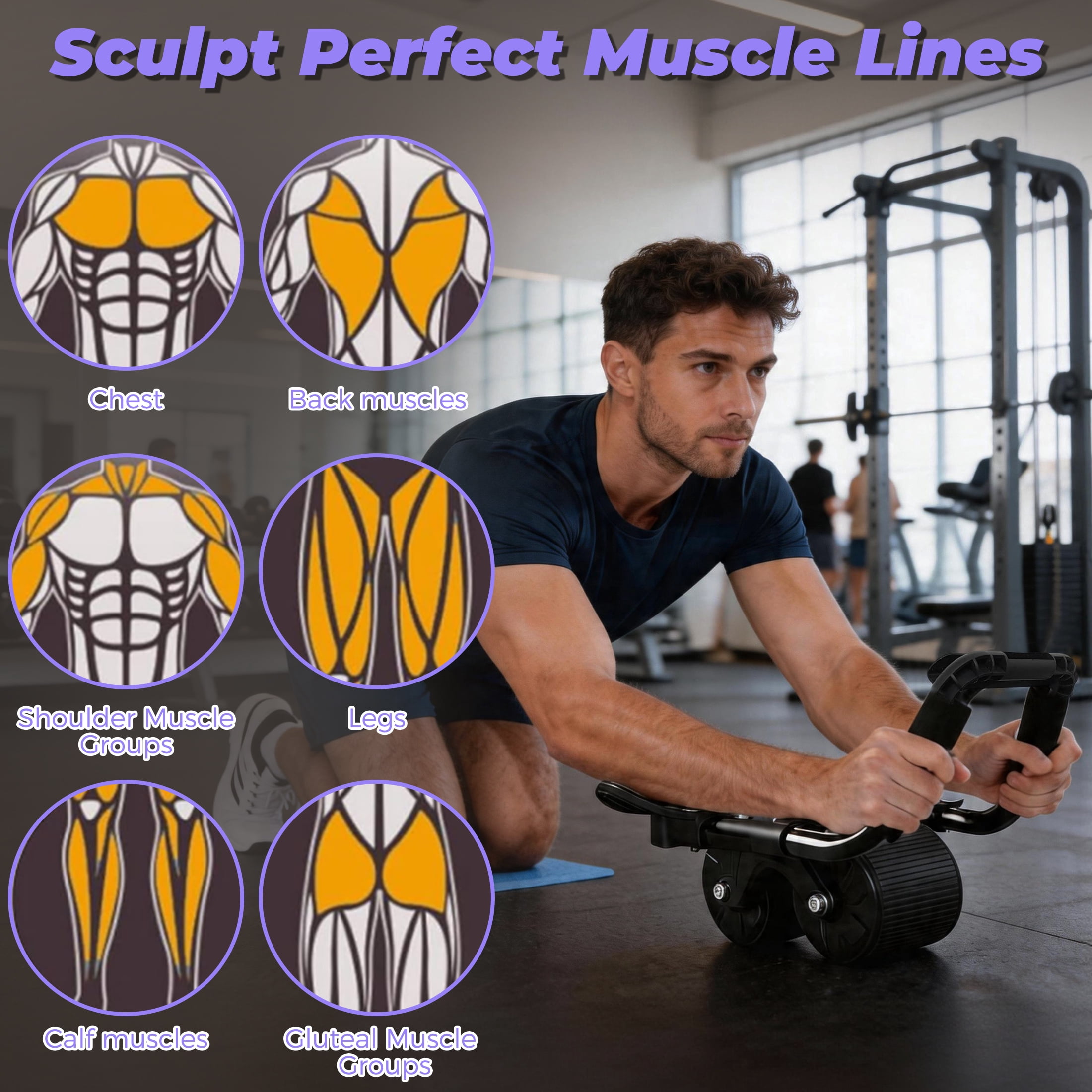 Ab Roller Wheel, Automatic Rebound Abdominal Wheel with Knee Mat and Elbow Support, Ab Abdominal Exercise Roller for Beginners Men Women Home Gym Fitness