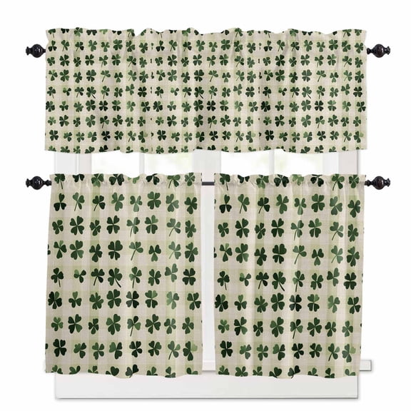 Retro Shamrocks Kitchen Curtains Valances and Tiers Set of 3 St Patrick's Day Tier Curtains and Valance Rod Pocket Valance Curtains Set for Kitchen Bathroom Small Windows 24 Inch Length