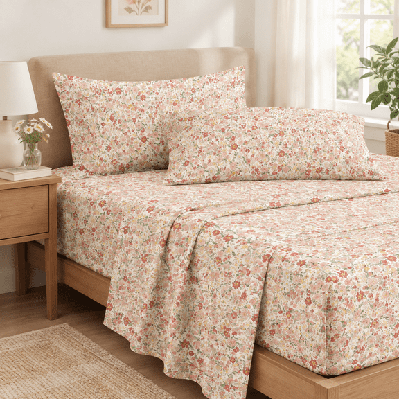 - Flbed Sheets 4-piece Sheet Set Shabby Chic Flower Pattern Printed Country Coquettetaesthetic Bedding Deep Pocket Cream Pink Siz