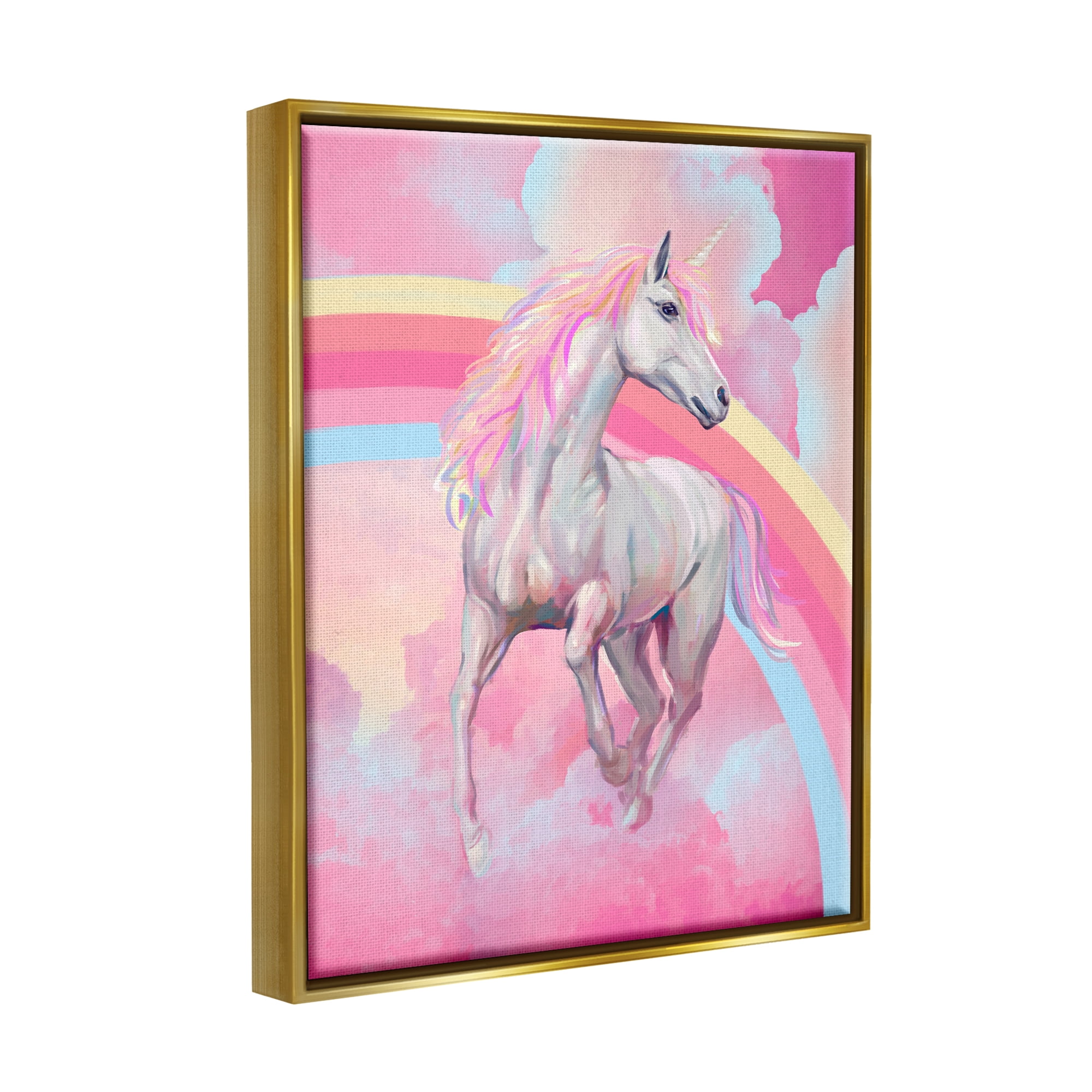 Stupell Industries Pink Unicorn & Clouds Fairy Tales & Fantasy Painting Gold Floater Framed Canvas Art Print Wall Art, 17 x 21